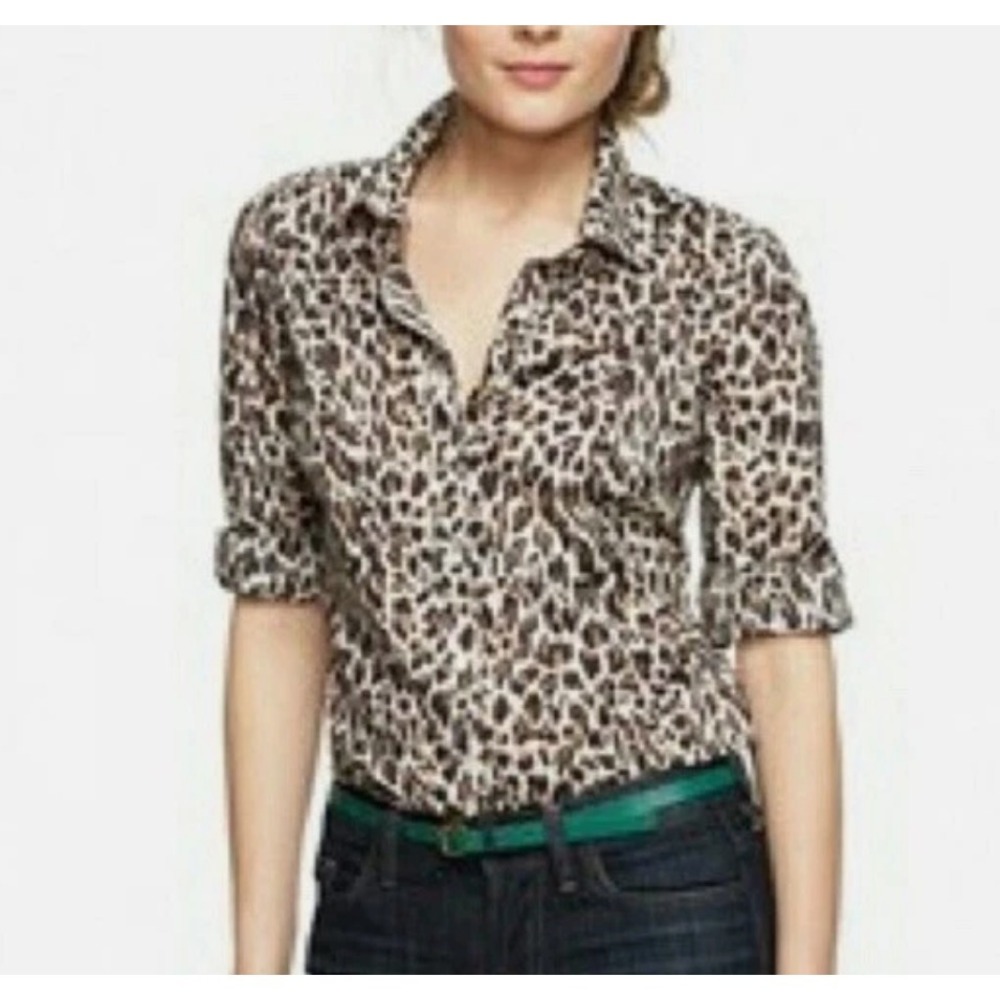 J Crew Perfect Button Up Shirt 2 Leopard Animal Print Linen Cotton Blend Exotic